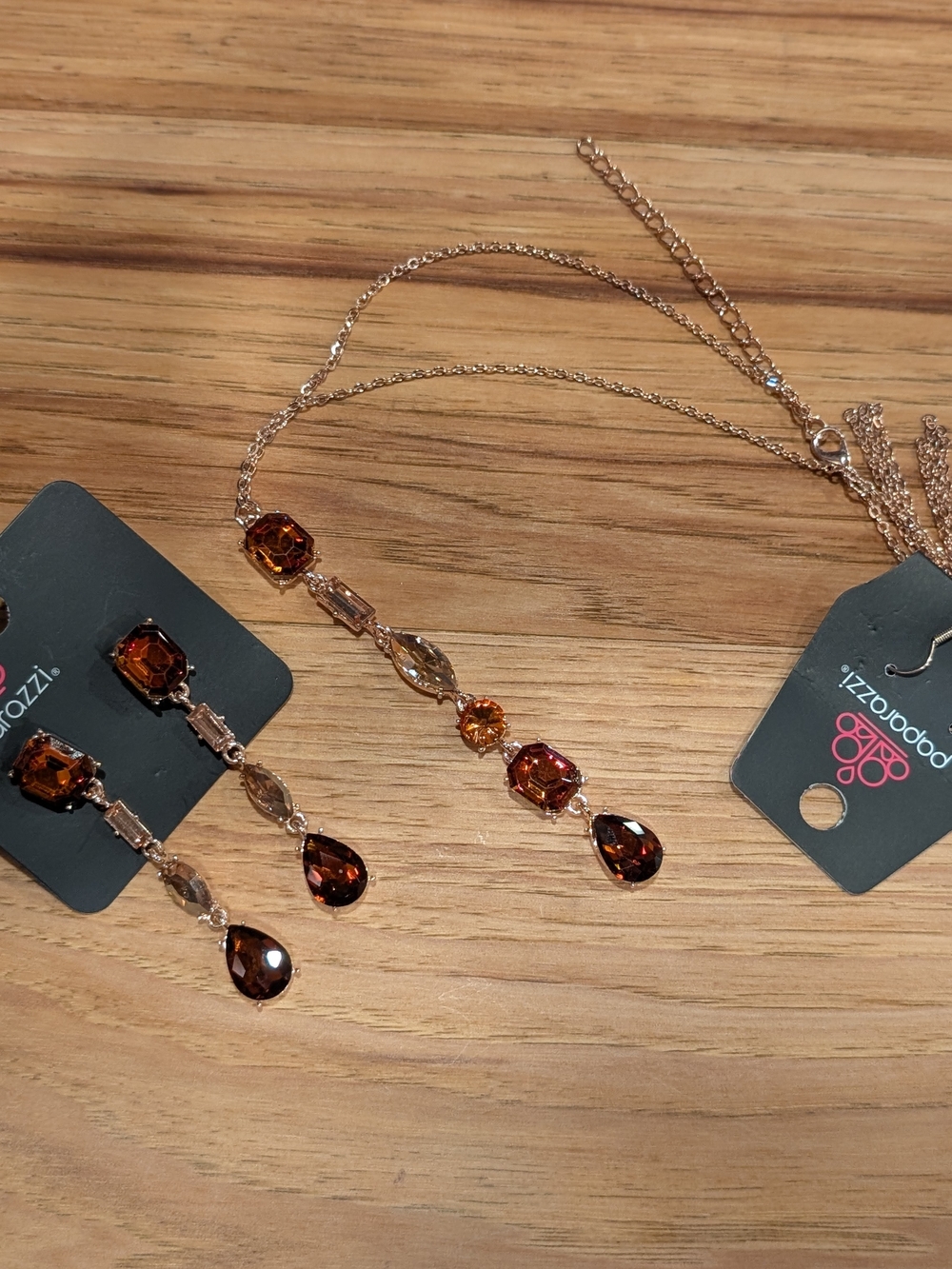 Paparazzi Rose Gold Amber Crystal Drop Necklace and Earring Set
